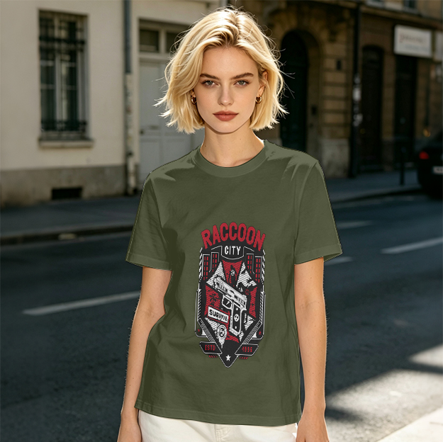 Olive T-Shirt With Raccoon City Gun Graphic Print
