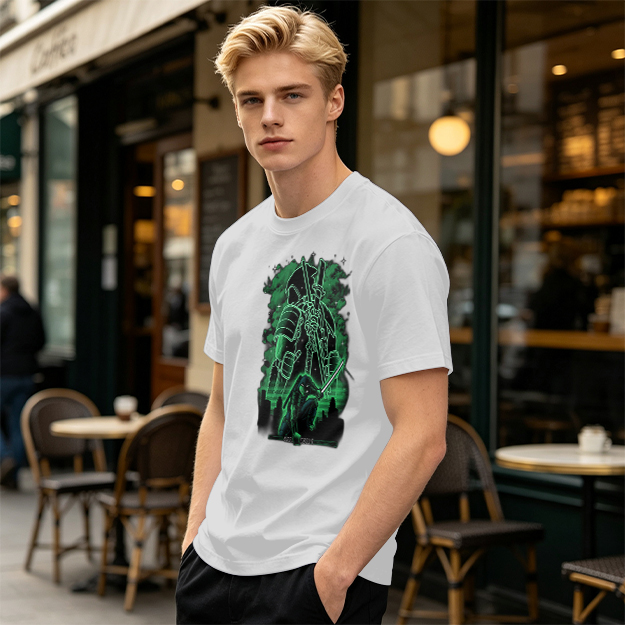 Olive Green T-Shirt With Neon Samurai Warrior Graphic