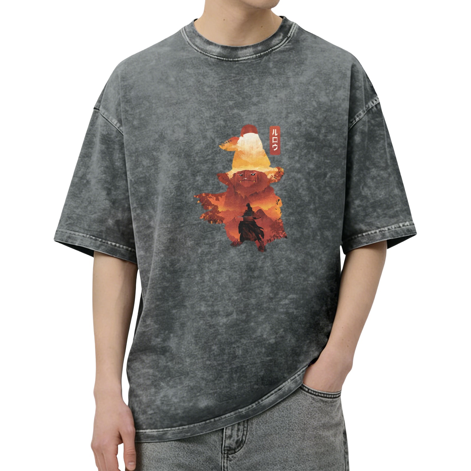Oversized dark washed graphic t-shirt with wizard silhouette art