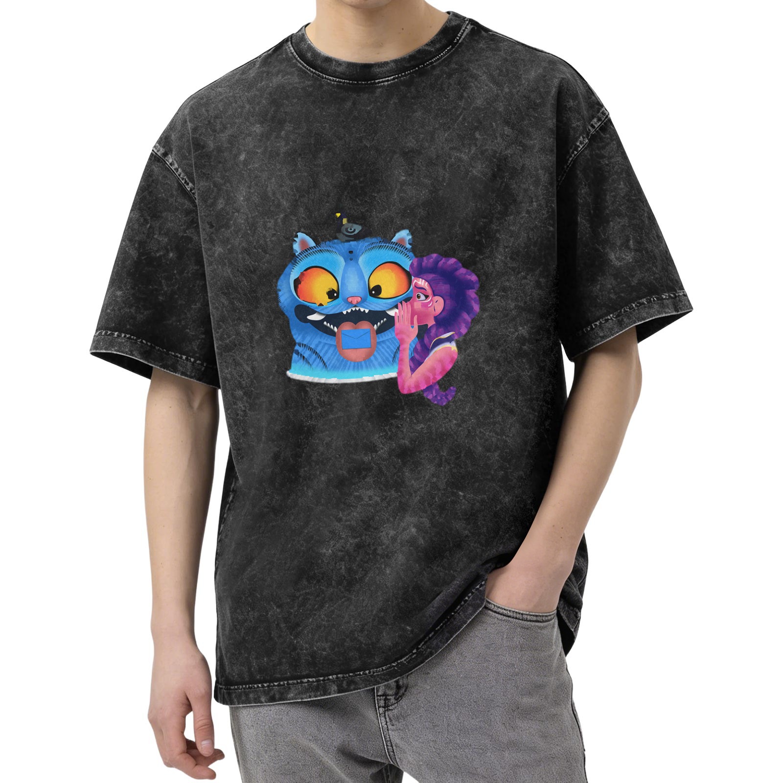 Oversized Dark Wash T-Shirt With Whispering Purple Haired Girl And Blue Cat Graphic