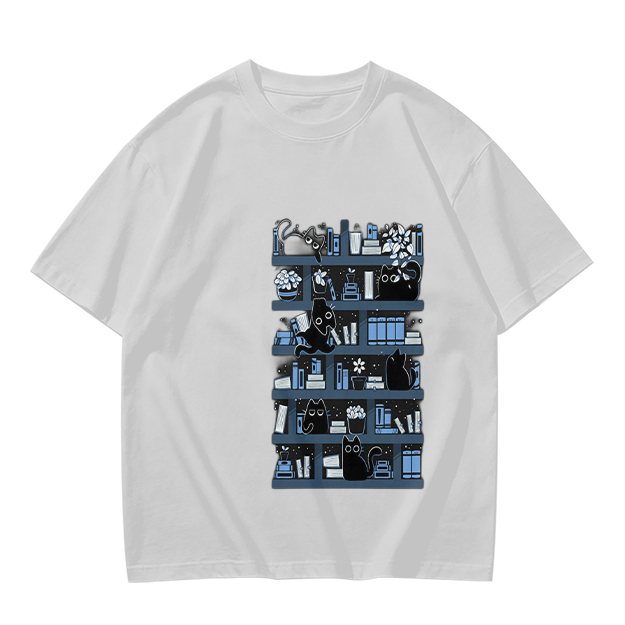 Olive Green T-Shirt With Black Cats On Bookshelves Graphic
