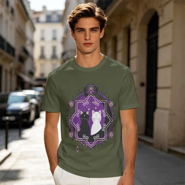 Olive T-Shirt With Celestial Black And White Cat Graphic