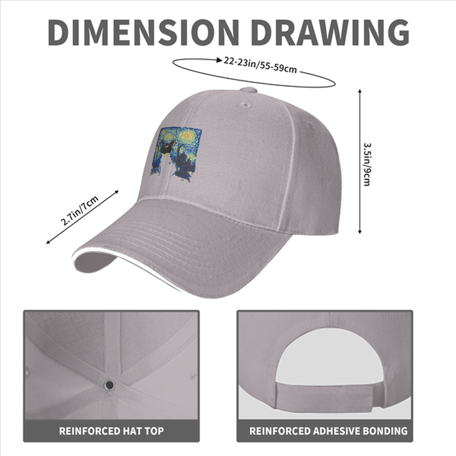 Black Baseball Cap With Starry Night Cat Art Print