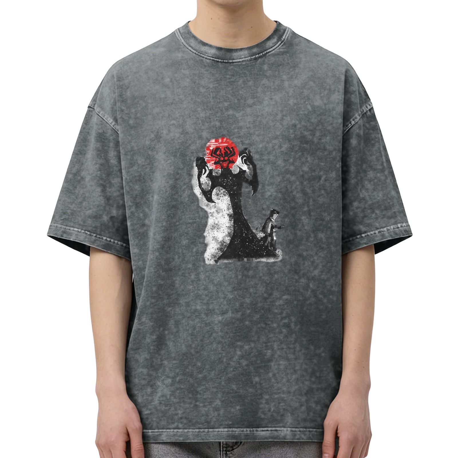 Oversized Acid Wash Graphic T-Shirt With Red Sun And Abstract Figure Print