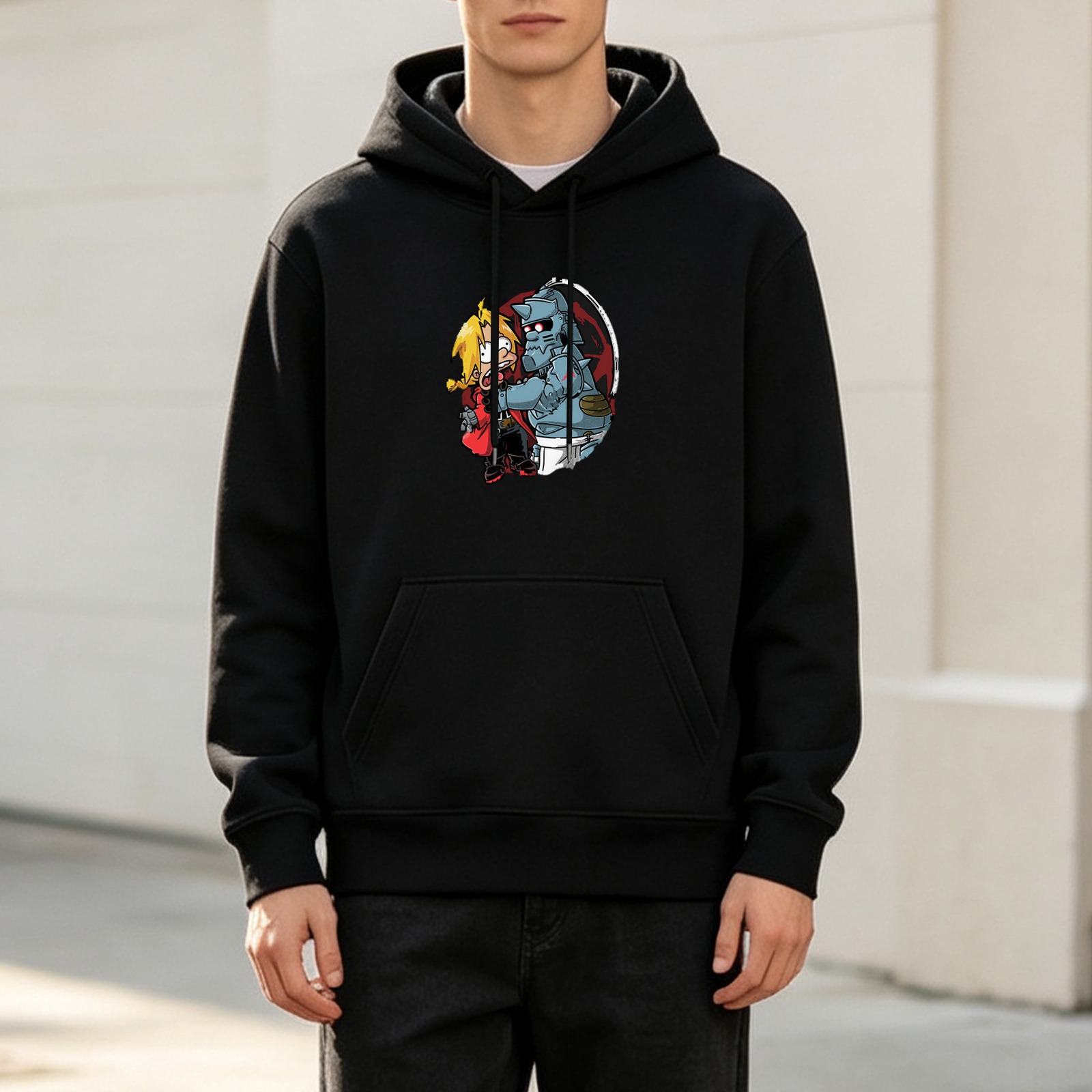 Black hoodie with Fullmetal Alchemist chibi brothers graphic