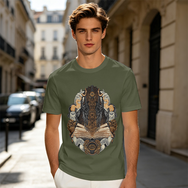 Olive Green T-Shirt With Gothic Fantasy Book And Tower Artwork
