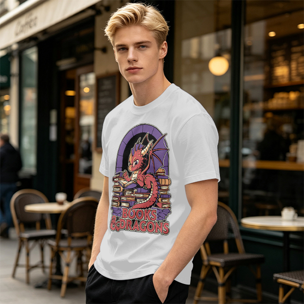 Olive t-shirt with cute red dragon reading books graphic