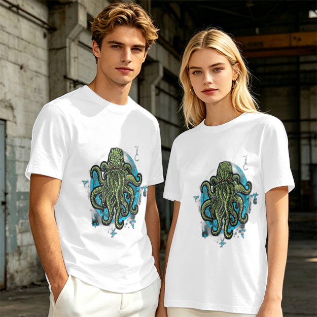 Olive Green T-Shirt With Cthulhu Octopus Monster Graphic