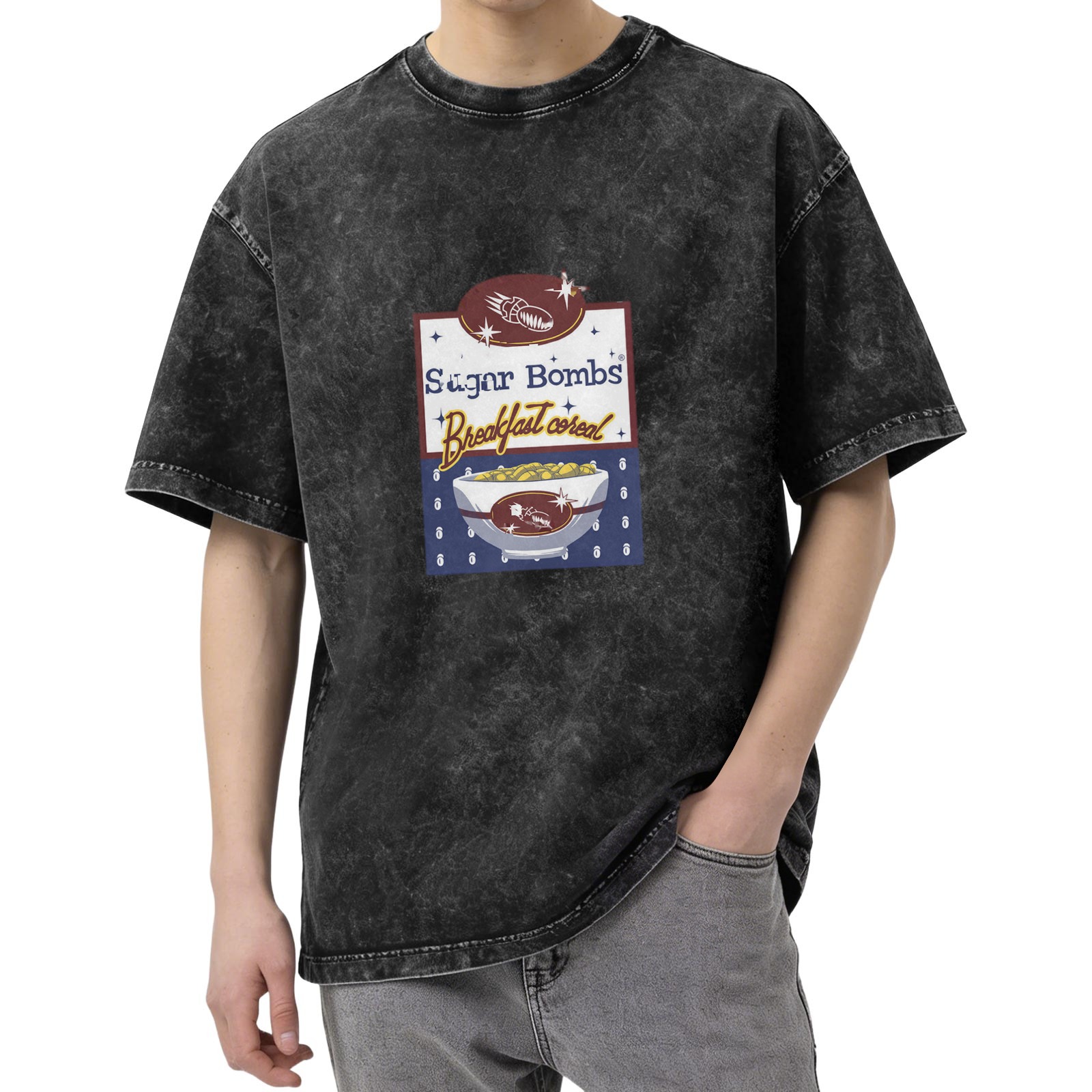 Sugar Bombs Breakfast Cereal Graphic Black Acid Wash T-Shirt