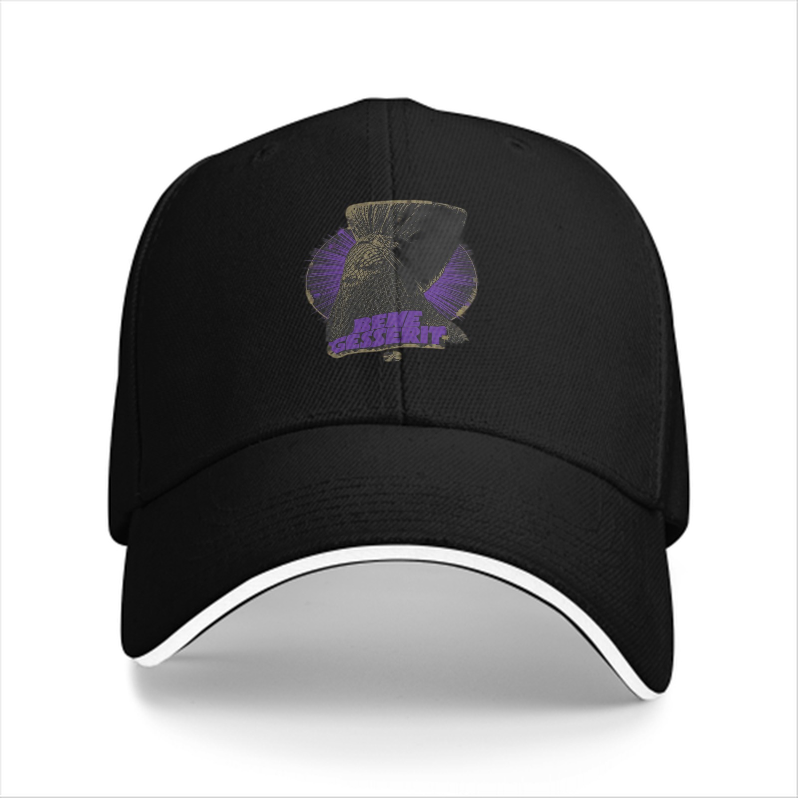 Black Baseball Cap With Purple Graphic Print Design