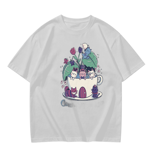 Olive T-Shirt With Whimsical Teacup Kitten Garden Print