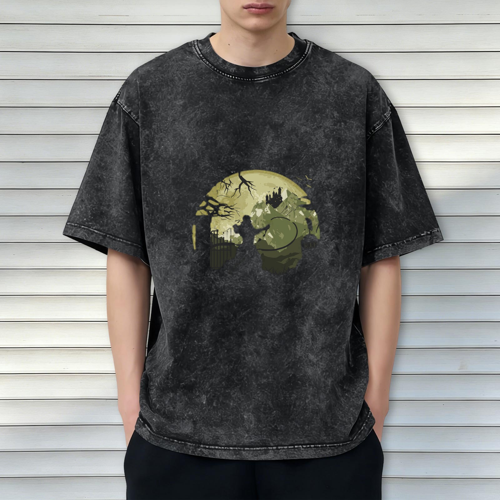 Oversized Stonewashed T-Shirt with Gothic Moon Castle Silhouette Graphic