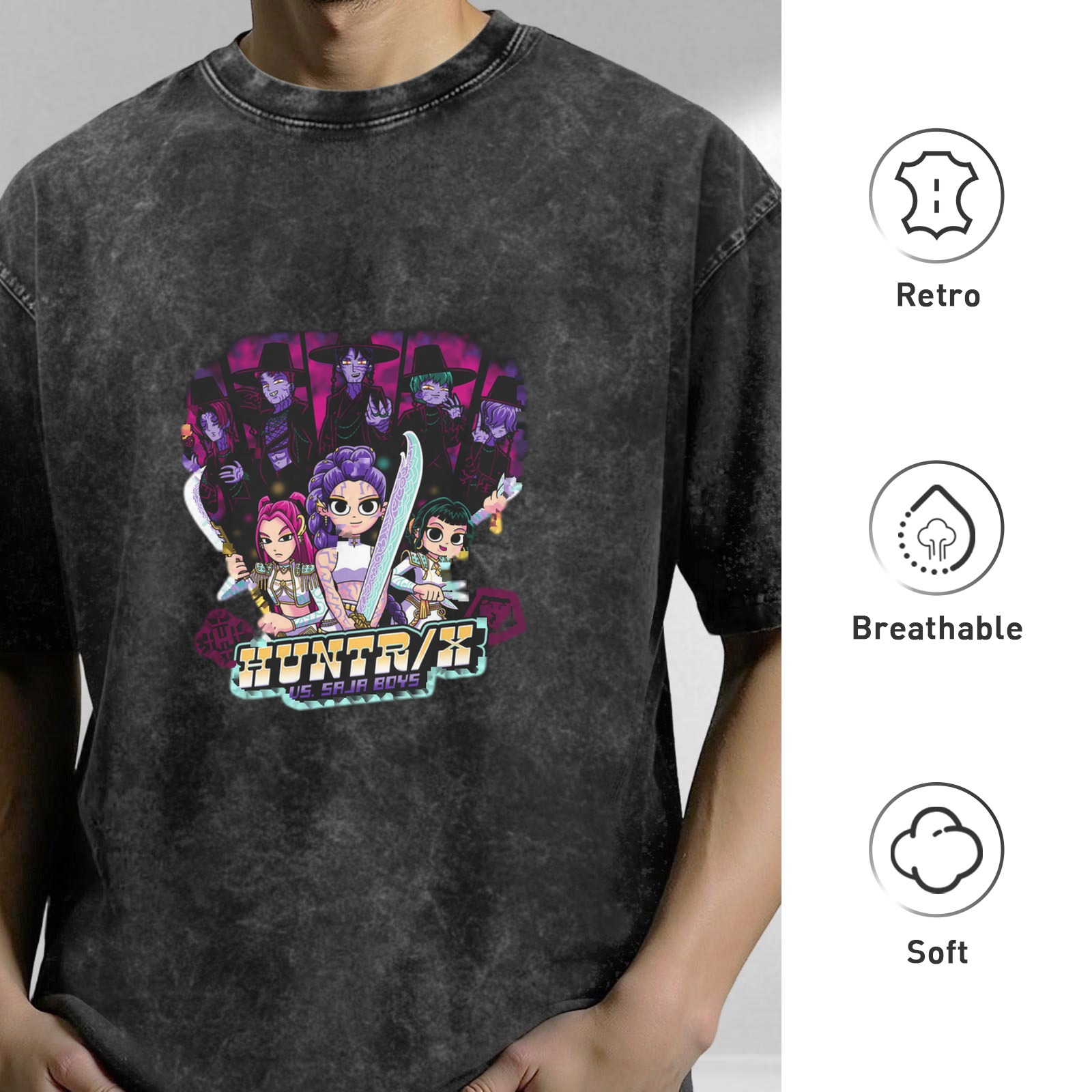 Distressed Black Cartoon Anime Print Short Sleeve T-Shirt