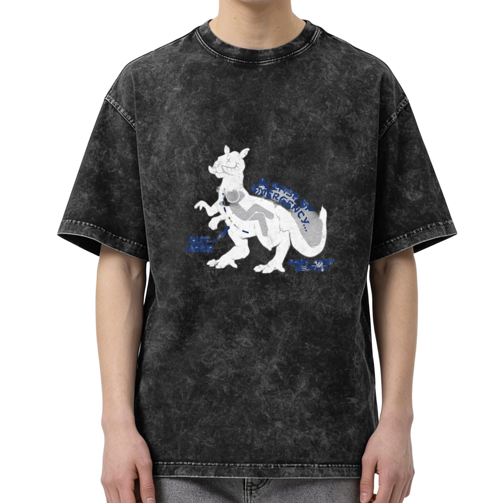 Oversized Acid Wash Graphic T-Shirt with Dinosaur Print