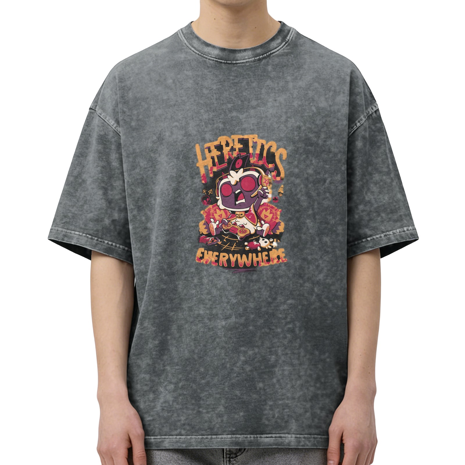 Distressed washed black cartoon print short-sleeved T-shirt