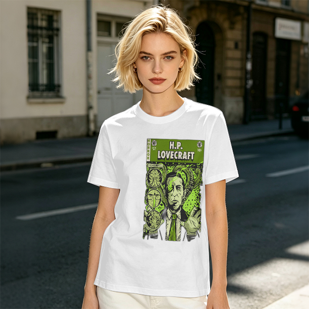 H.P. Lovecraft Comic Print Graphic Olive T-Shirt