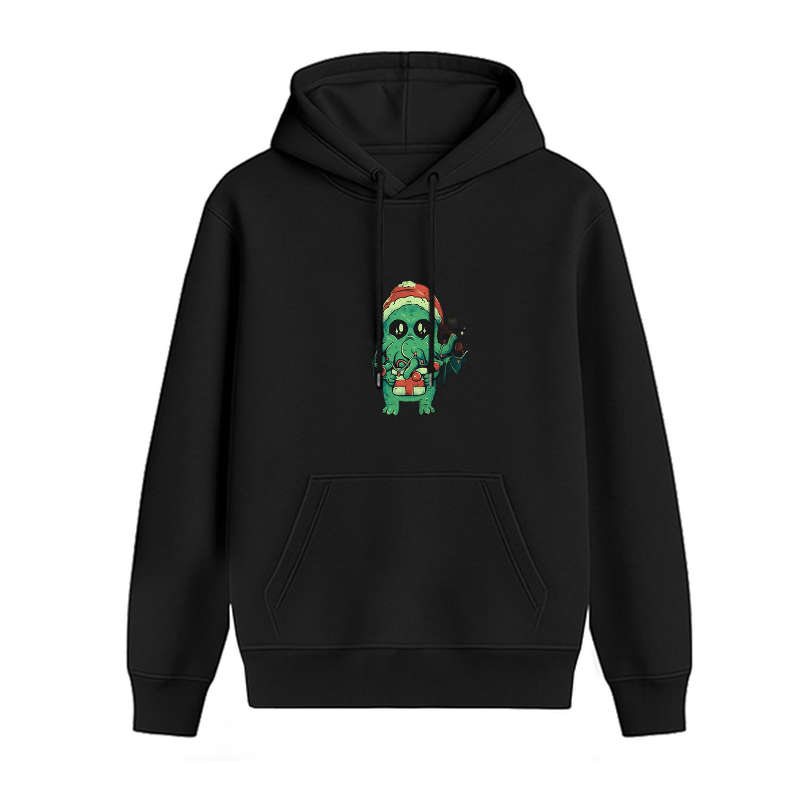 Black hoodie with cute Christmas Cthulhu monster graphic