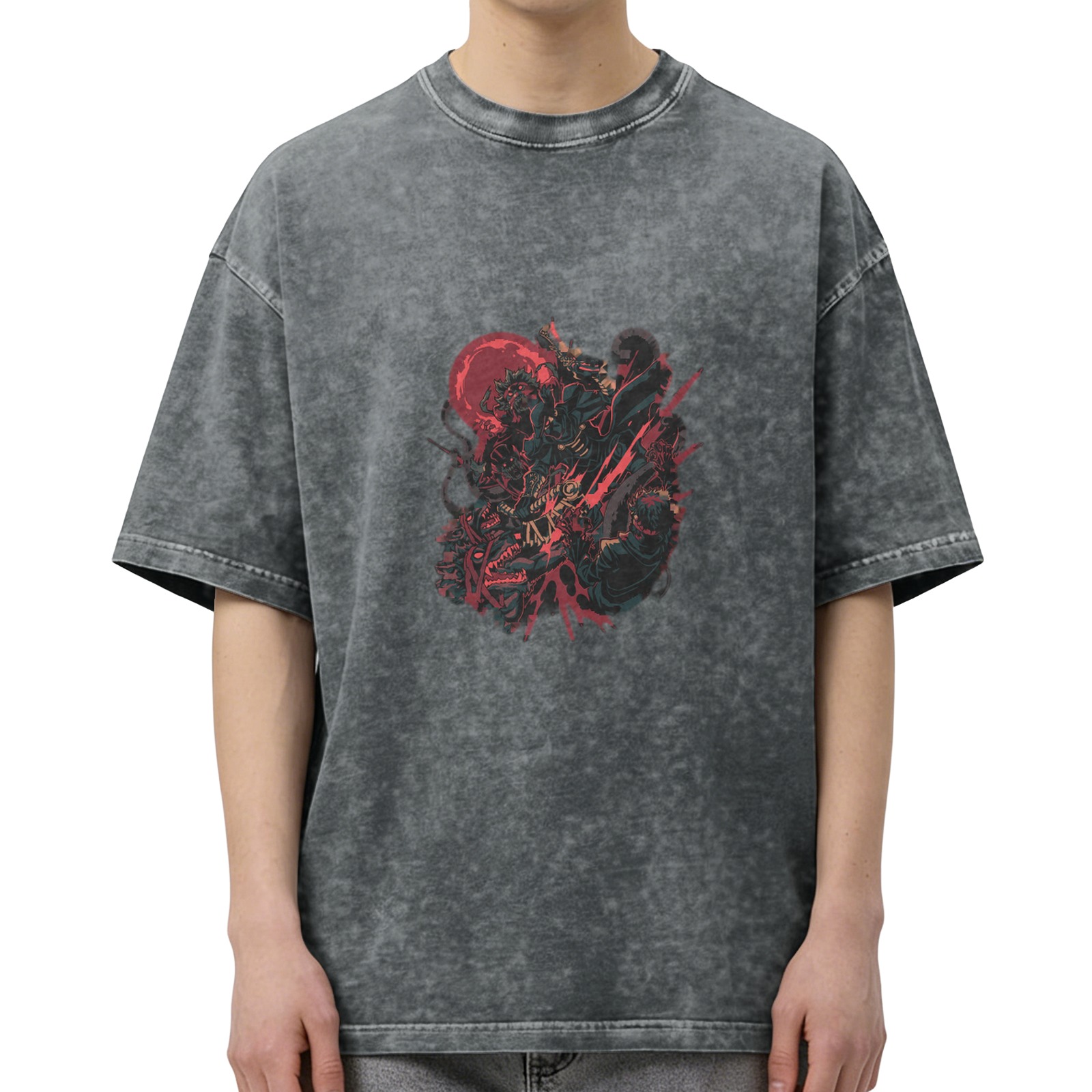 Oversized Acid Wash Graphic T-Shirt with Dark Fantasy Art Print