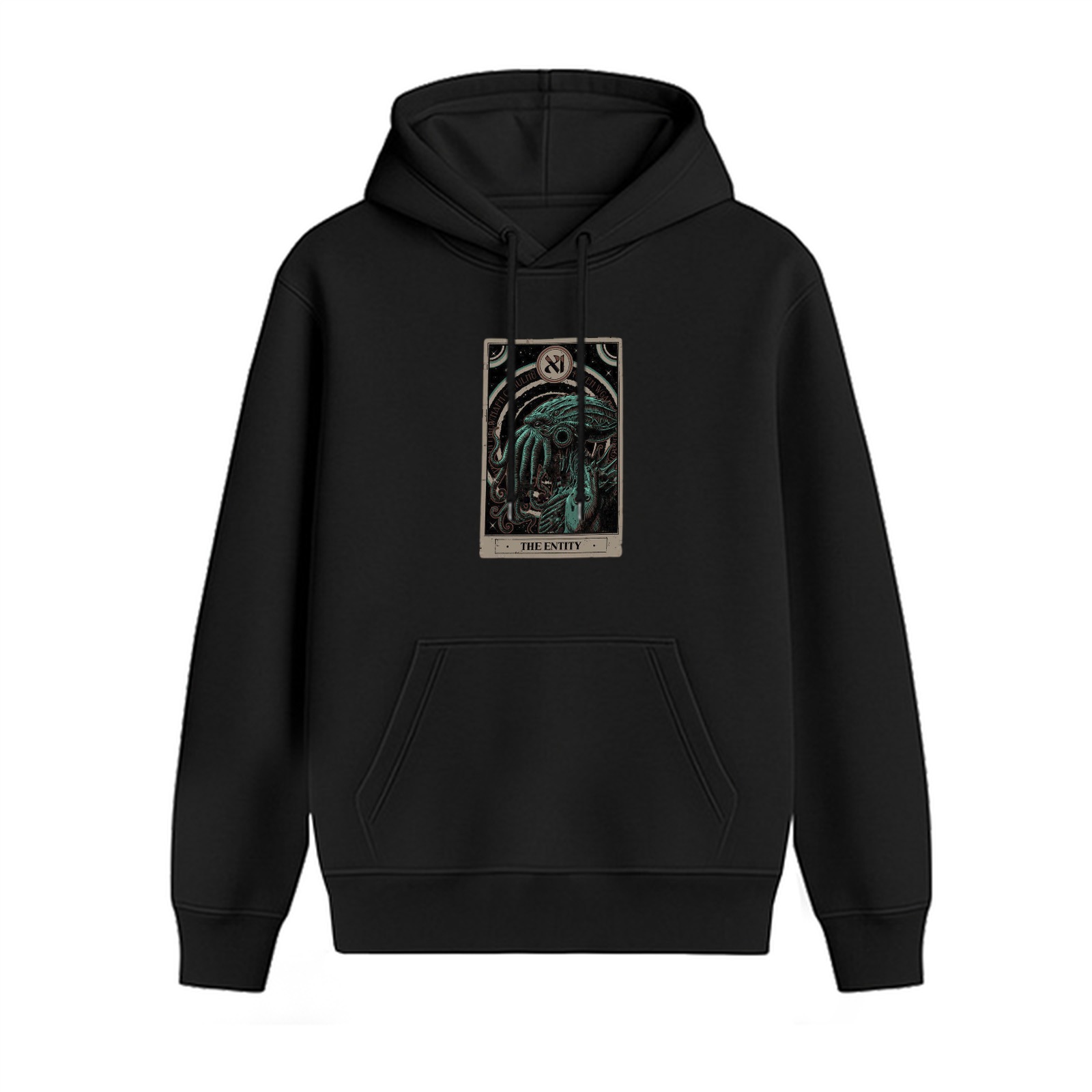 Black hoodie with Cthulhu tarot card 'The Entity' print