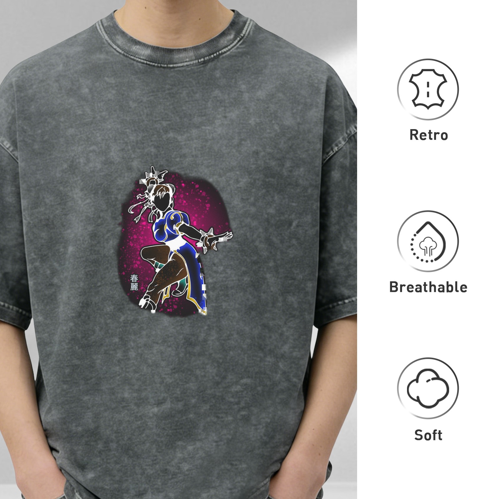 Oversized Acid Wash T-Shirt With Chun-Li Graphic Print