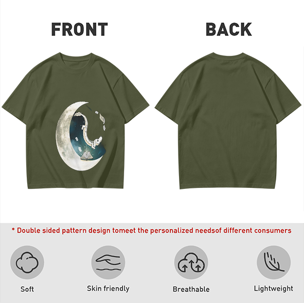 Olive T-shirt with Crescent Moon Galaxy Astronaut Graphic