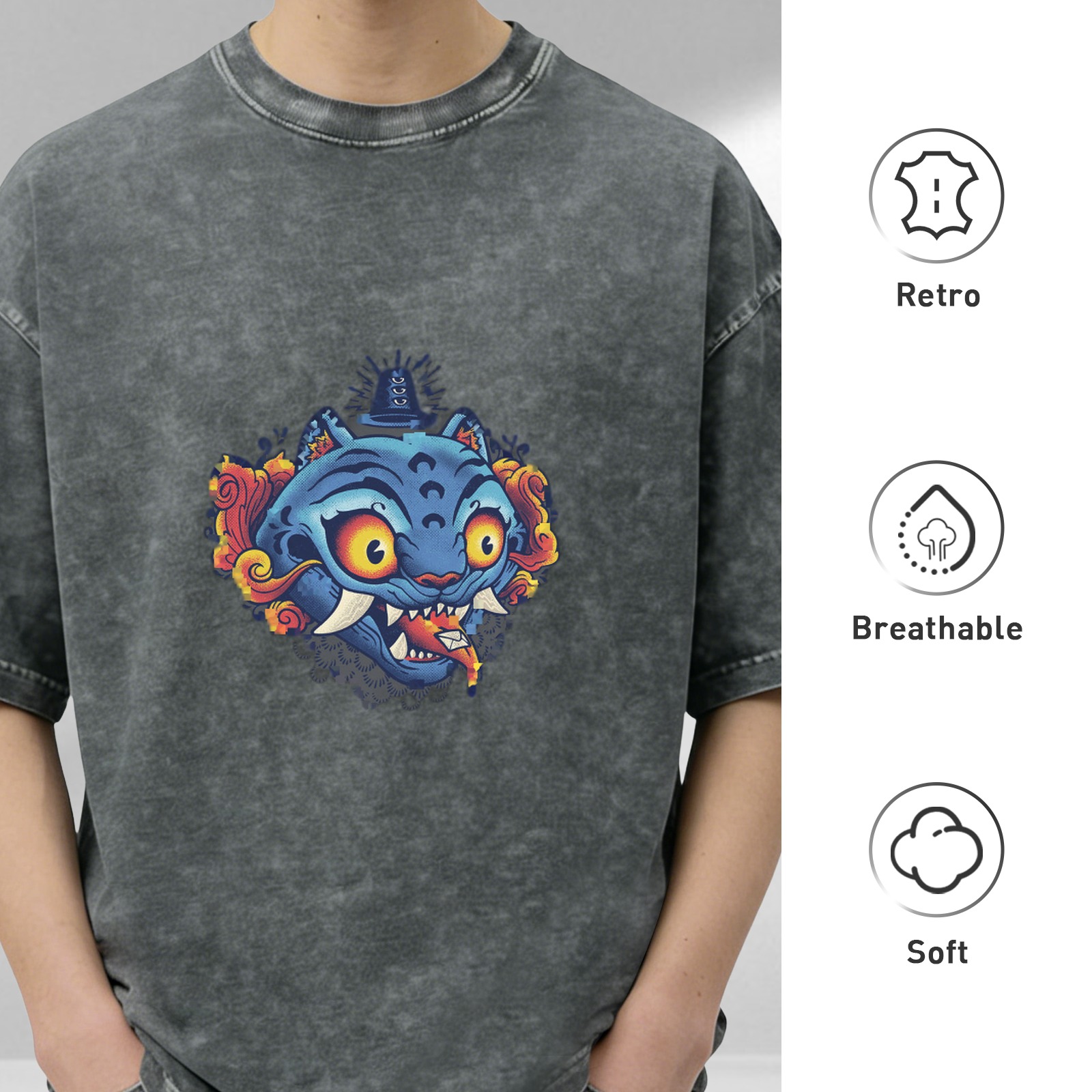 Oversized Acid Wash T-Shirt With Blue Mythical Cat Graphic