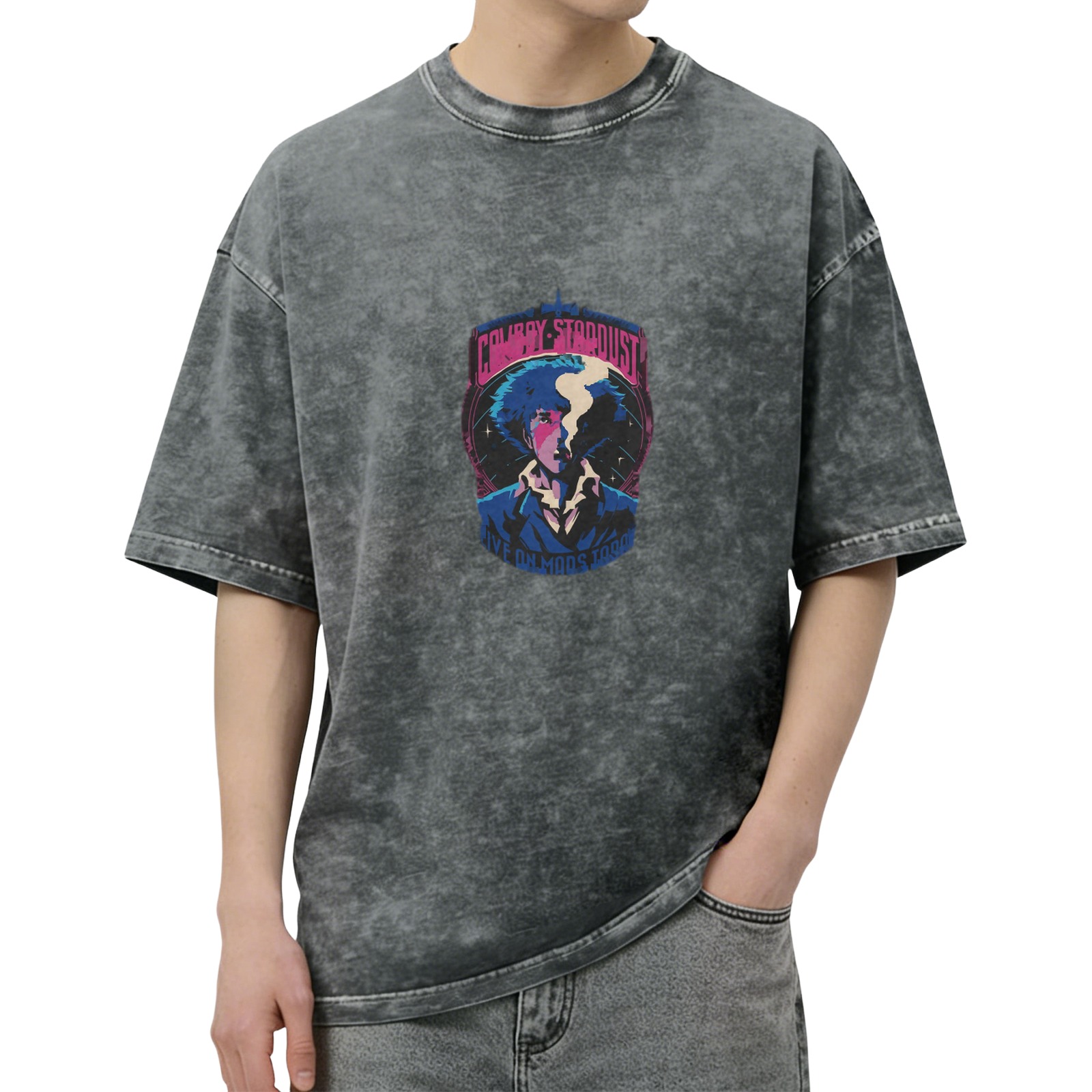 Washed Black Cowboy Stardust Anime Graphic T-Shirt