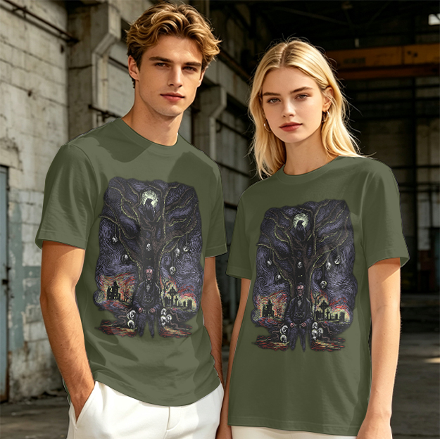 Olive t-shirt with gothic tree raven and graveyard graphic