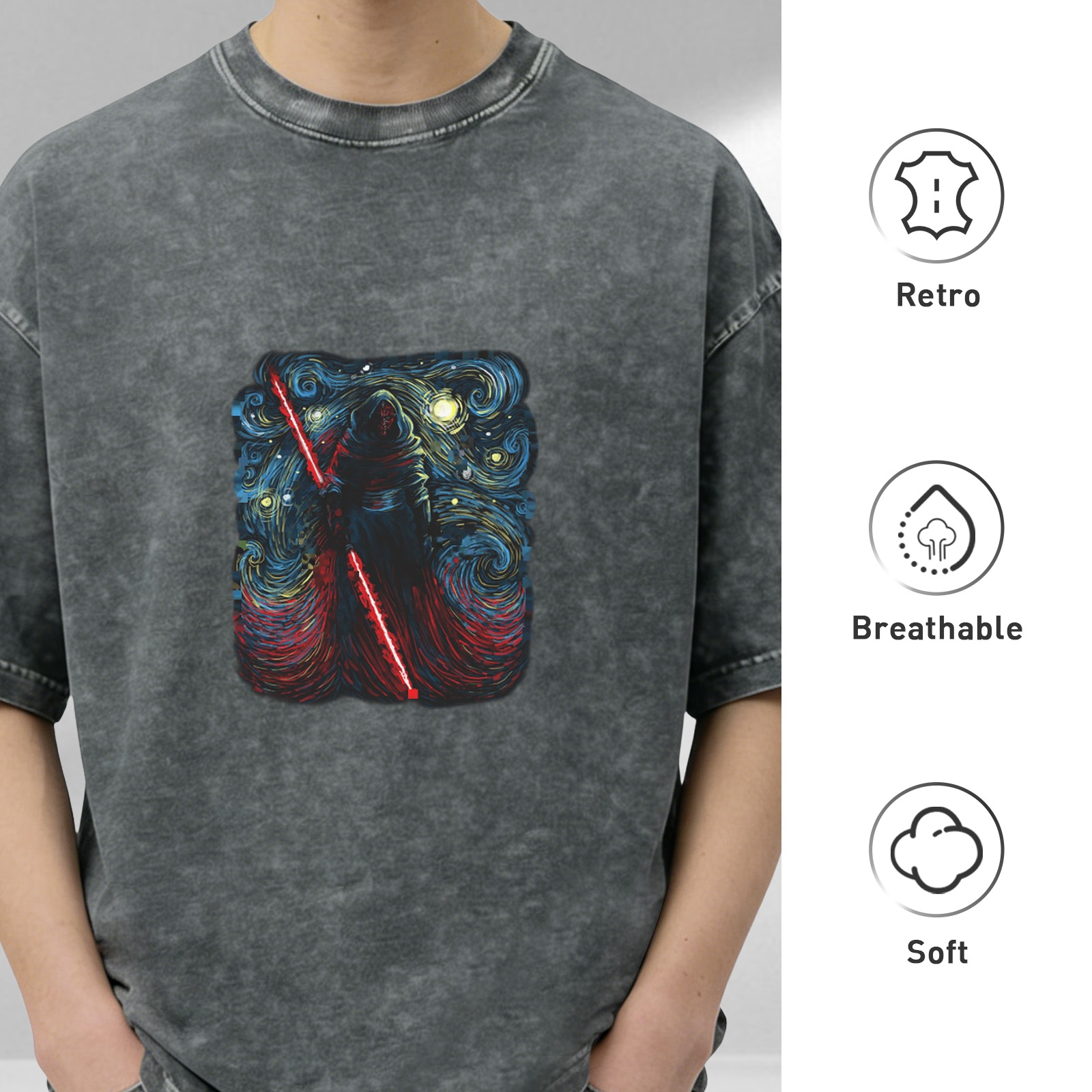 Star Wars Kylo Ren Starry Night Graphic Acid Wash T-Shirt