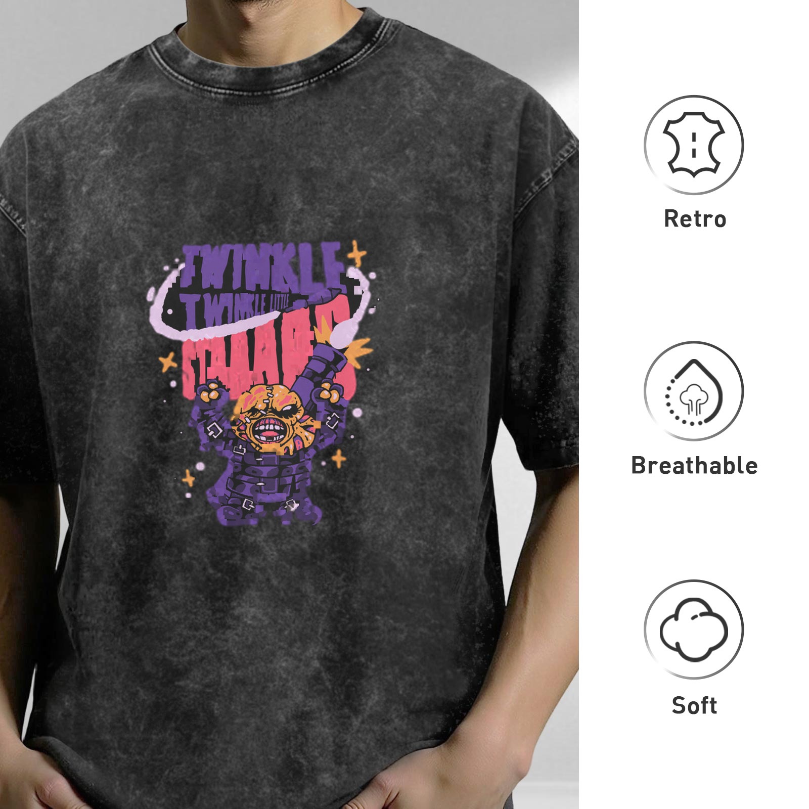 Washed black graphic t-shirt with Twinkle Twinkle Chaos monster print