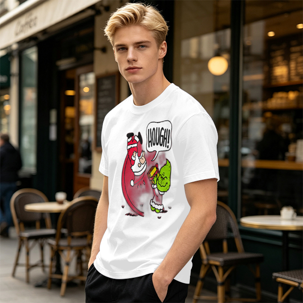 Olive Christmas T-Shirt With Grinch Lifting Santa Claus Print