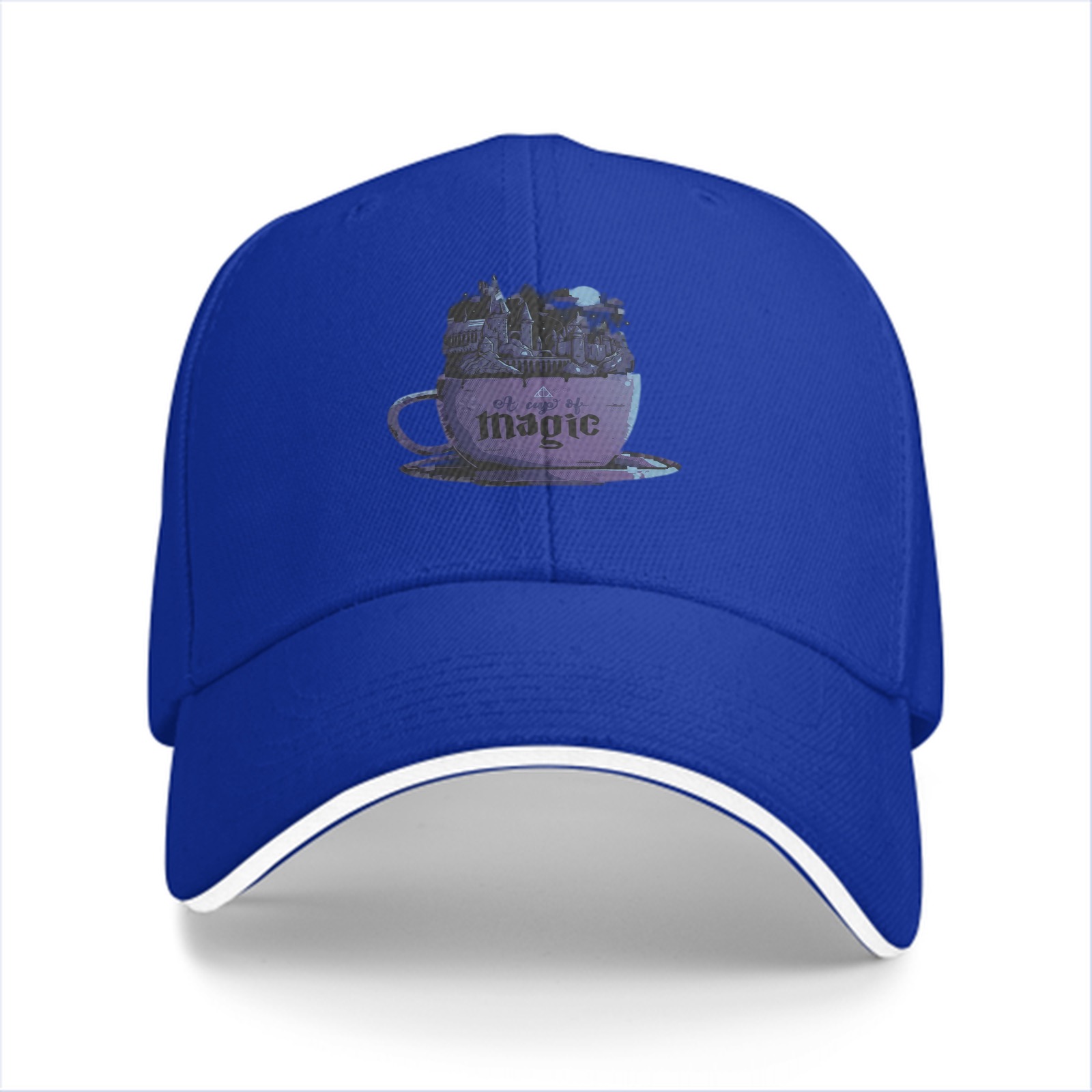 Black baseball cap with purple teacup magic graphic print