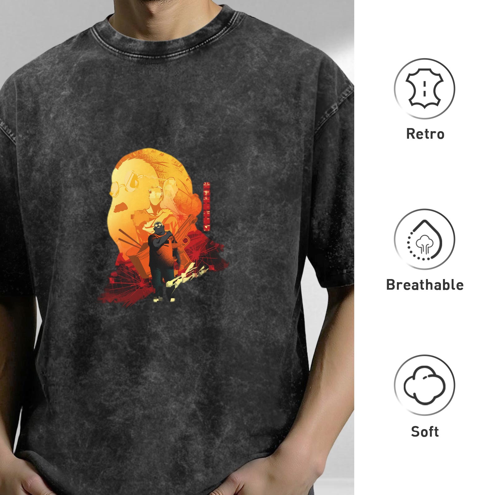 Oversized Acid Wash Anime Graphic T-Shirt
