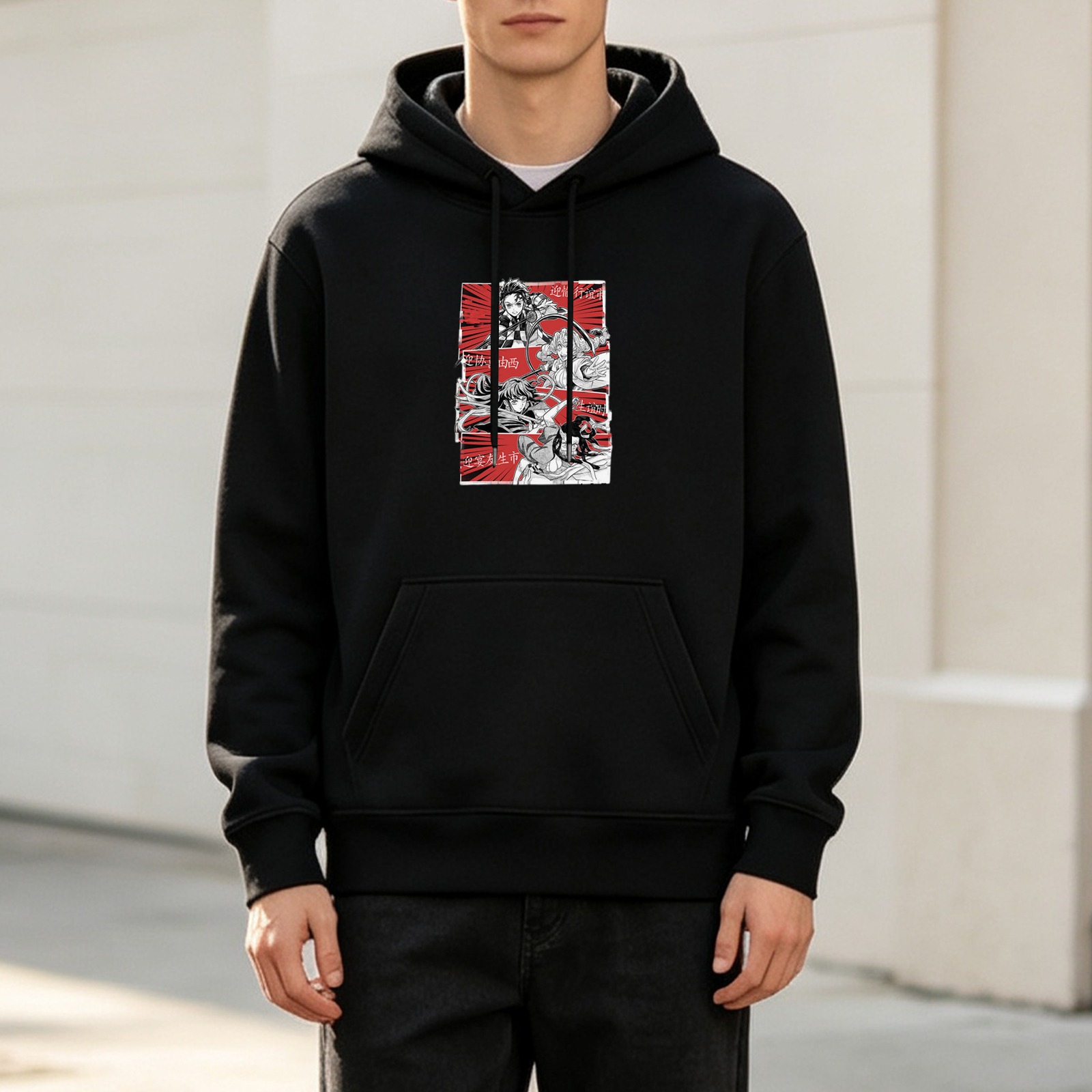 Black anime graphic hoodie with manga-style character print