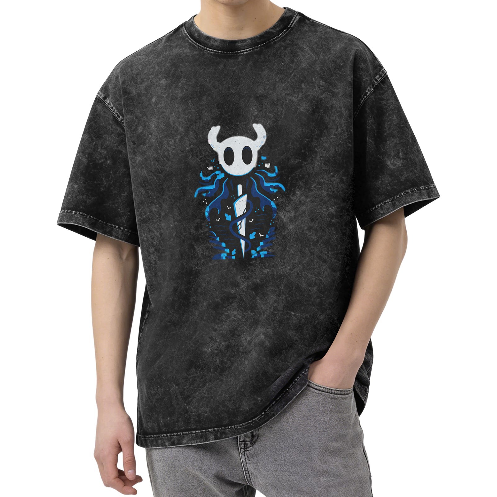 Hollow Knight themed distressed washed black short-sleeved T-shirt and game peripheral printed loose top