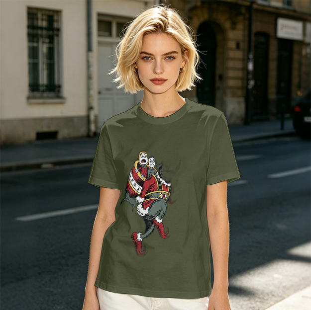 Olive T-shirt with distressed cartoon Santa Claus graphic