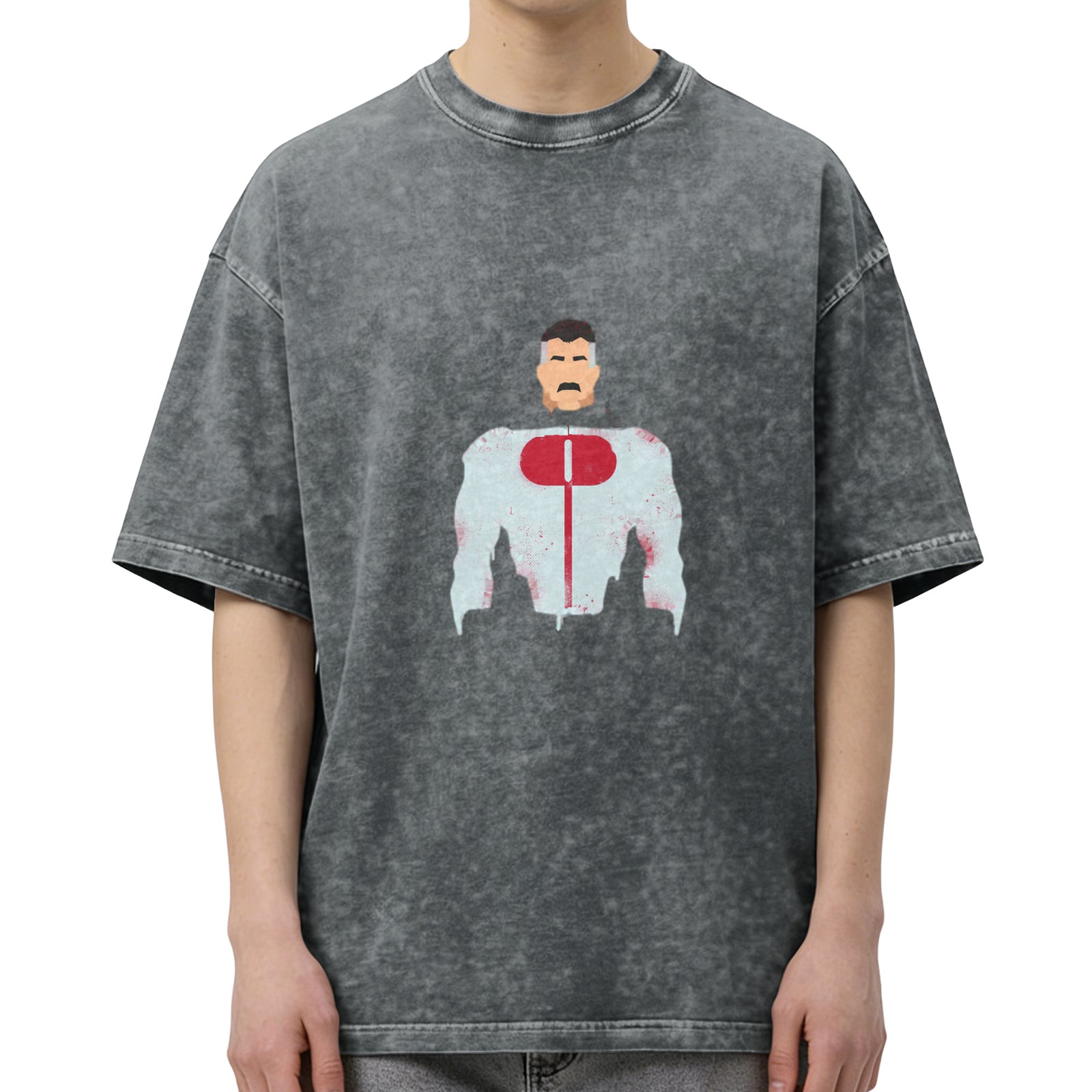 Retro washed black loose short-sleeved T-shirt printed with the minimalist pattern of the character Omni-Man