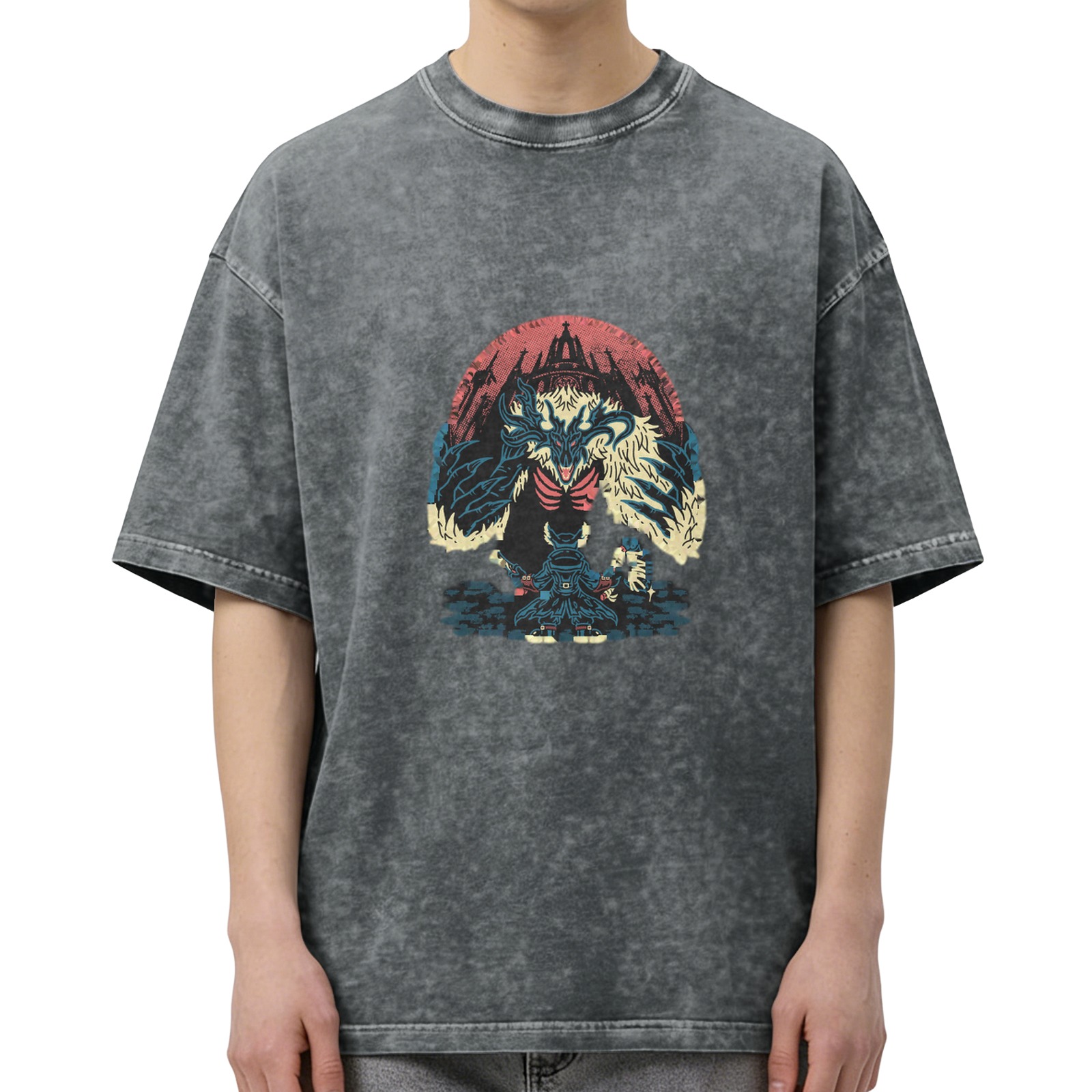 Washed Black Graphic T-Shirt With Fantasy Monster Castle Print