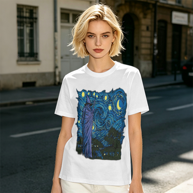 Olive T-Shirt with Wizard Starry Night Art Print