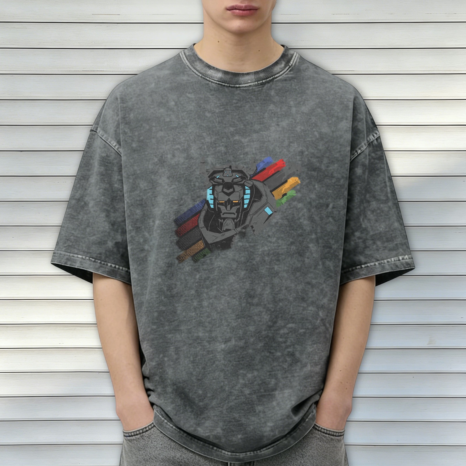 Distressed black loose short-sleeved T-shirt Voltron mecha print
