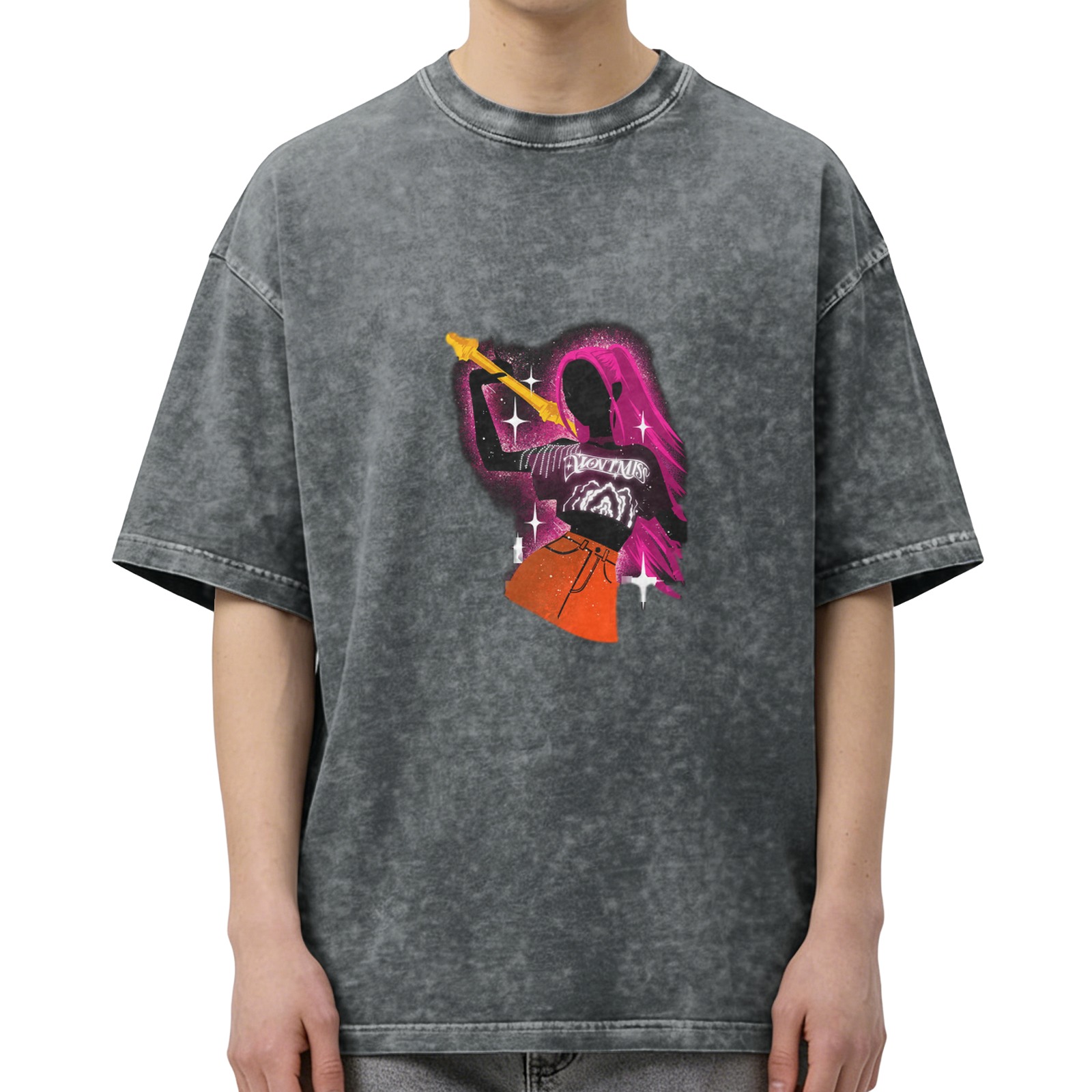 Washed black oversized graphic t-shirt with rock star silhouette print
