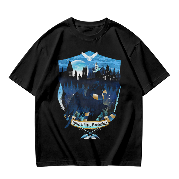 Olive t-shirt with Ravenclaw house crest night castle design