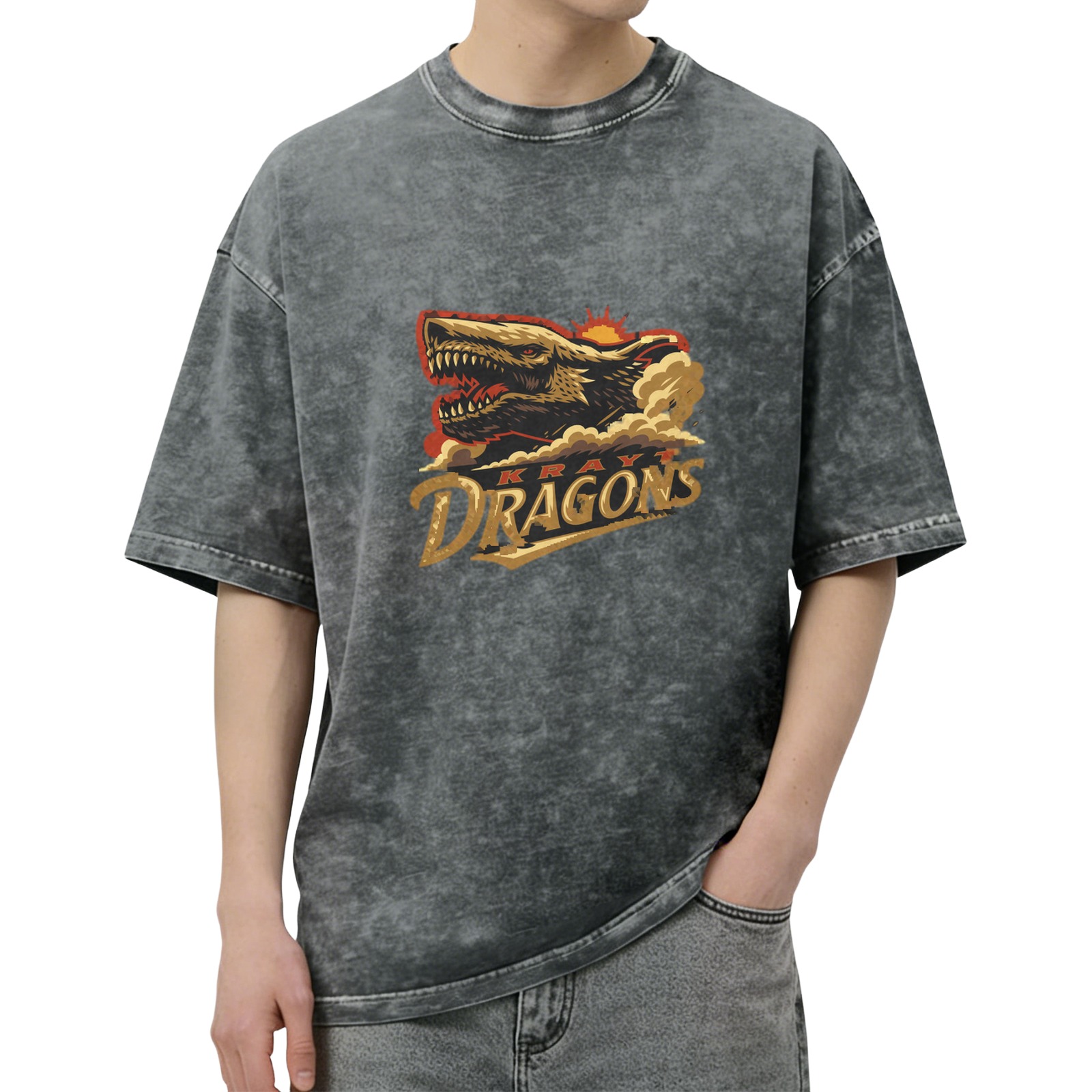 Oversized Acid Wash T-Shirt with Kray Dragons Graphic Print