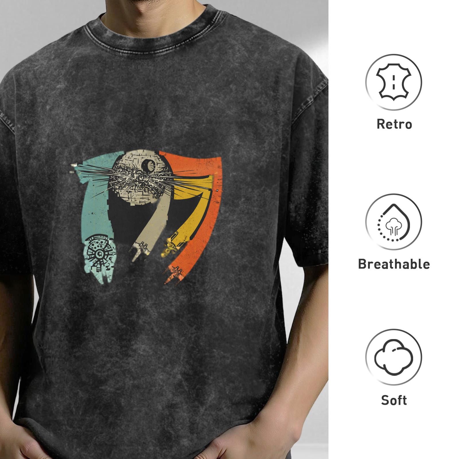Distressed black Star Wars themed printed short-sleeved T-shirt