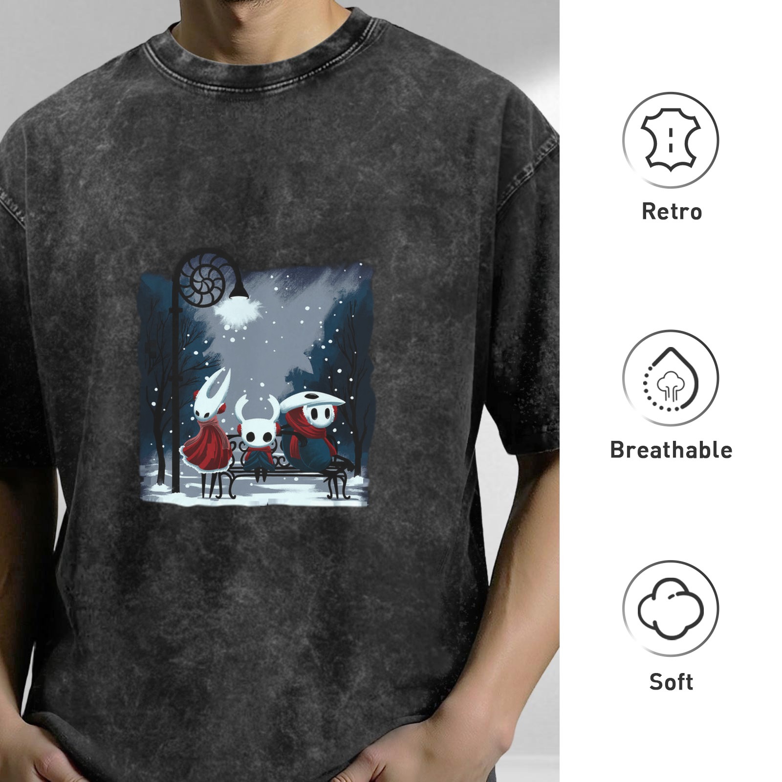 Oversized Dark Wash T-Shirt With Hollow Knight Winter Scene Print
