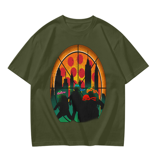 Olive T-Shirt With Ninja Turtles Pizza City Silhouette Print