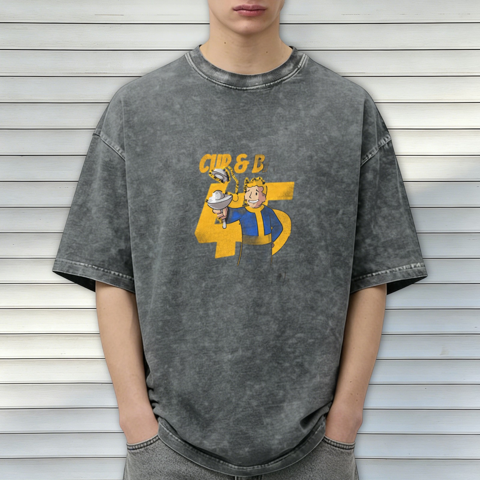 Oversized faded t-shirt with Vault Boy Cup & B 45 graphic
