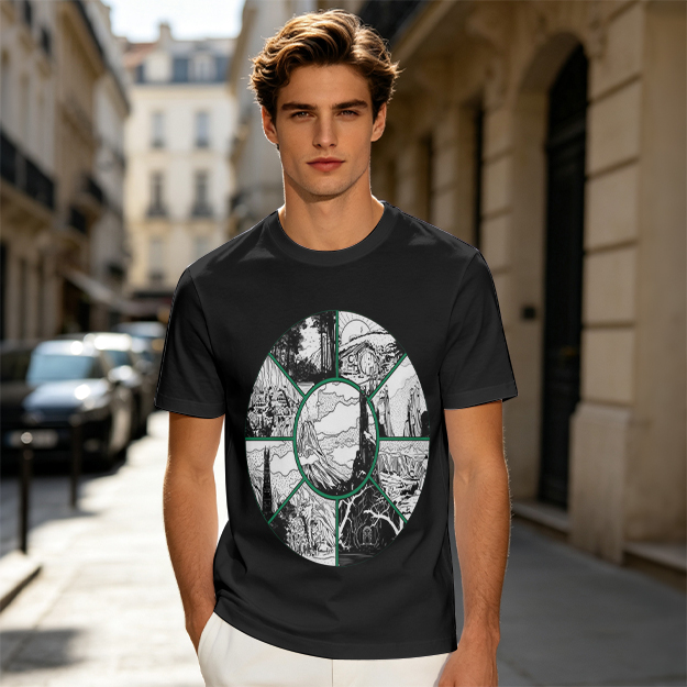 Olive Green T-Shirt With Circular Fantasy Landscape Art Print