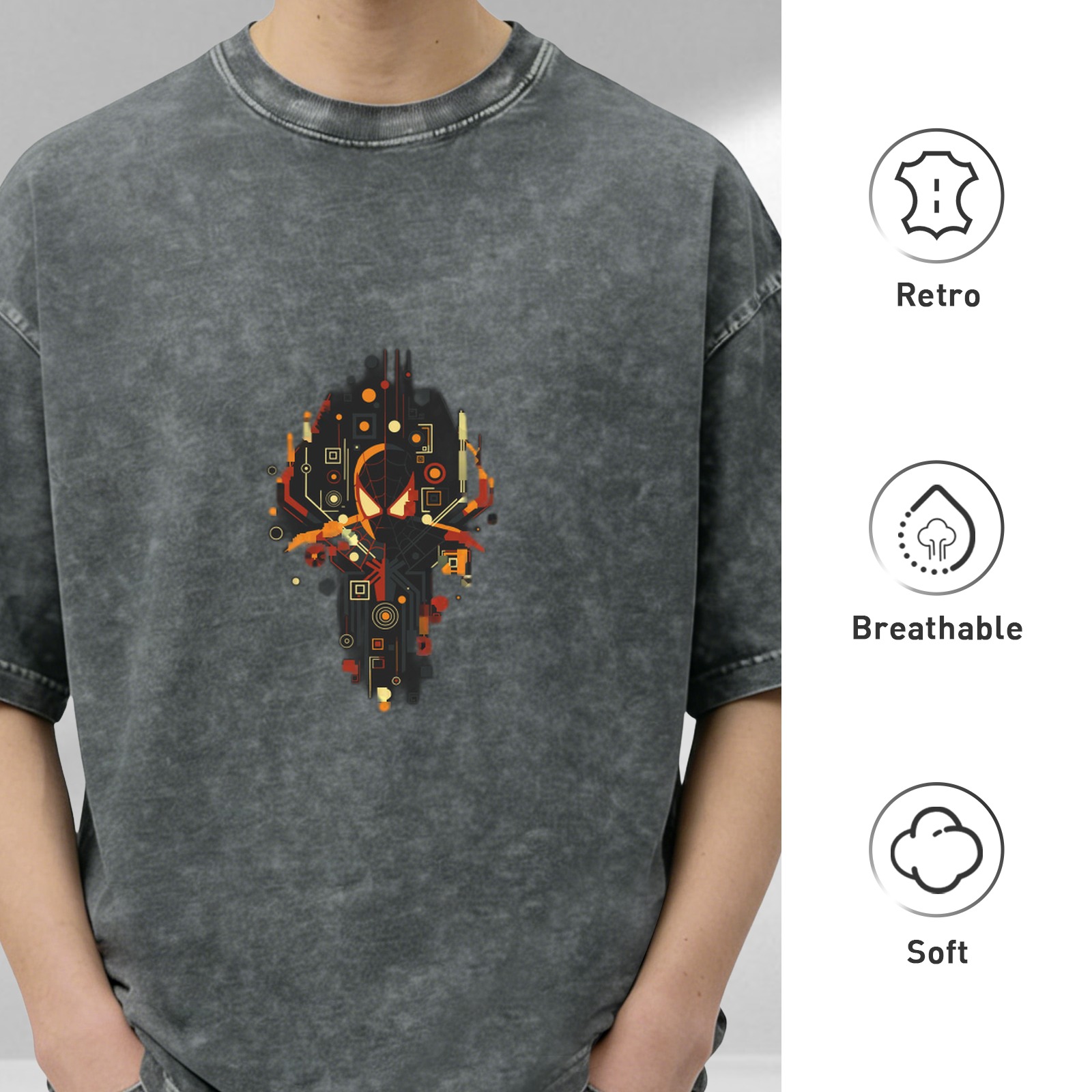Washed Black Oversized T-Shirt With Cyber Spider Graphic