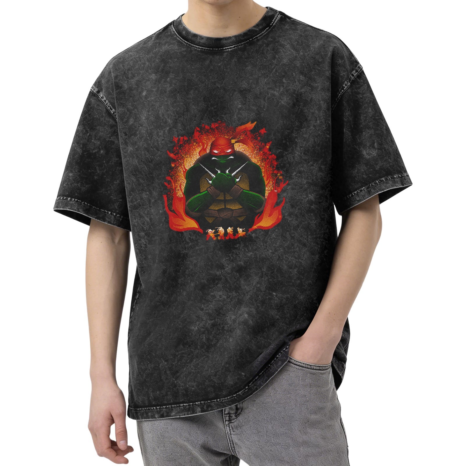 Washed Black T-Shirt With Ninja Turtle Raphael Fire Graphic